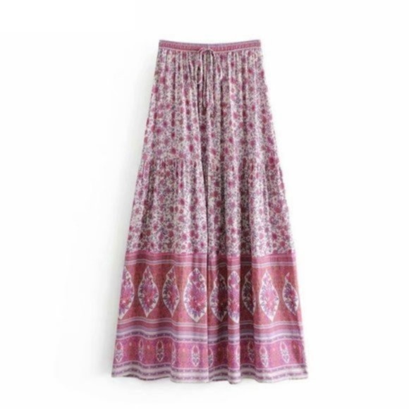pink white Boho gypsy Floral Print Maxi Skirt - Picture 3 of 4